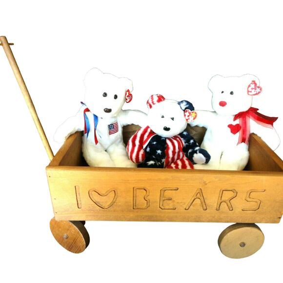 Beanie Buddy Teddy Bear Wooden Wagon Set 4 Pc Set Liberty Spangle Valentino 14" - Picture 5 of 12
